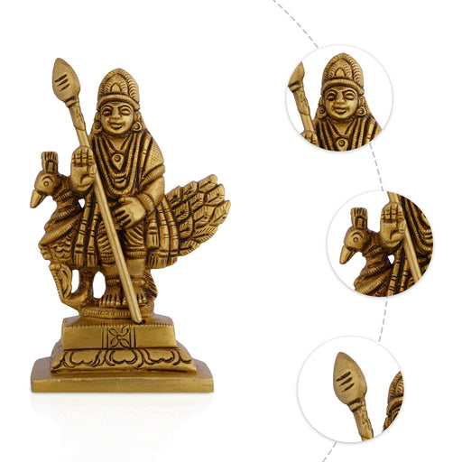 Peacock Murugan Standing On Base Murti - 3 .75 x 2 Inches | Brass Idol / Murugan with Peacock Statue For Pooja - Brass Murties