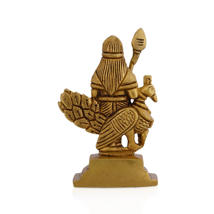 Peacock Murugan Standing On Base Murti - 3 .75 x 2 Inches | Brass Idol / Murugan with Peacock Statue For Pooja - Brass Murties