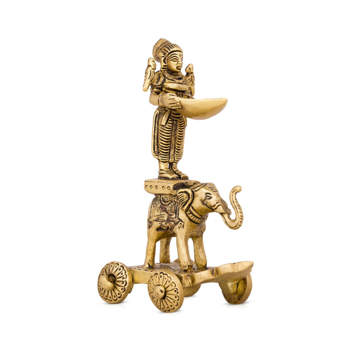 Deep Lady Standing on Elephant Wheel - 6.5 x 4 Inches | Antique Brass Idol/ Vilakku for Pooja/ 795 Gms Approx - Paavai Vilakku / Lady With A Lamp