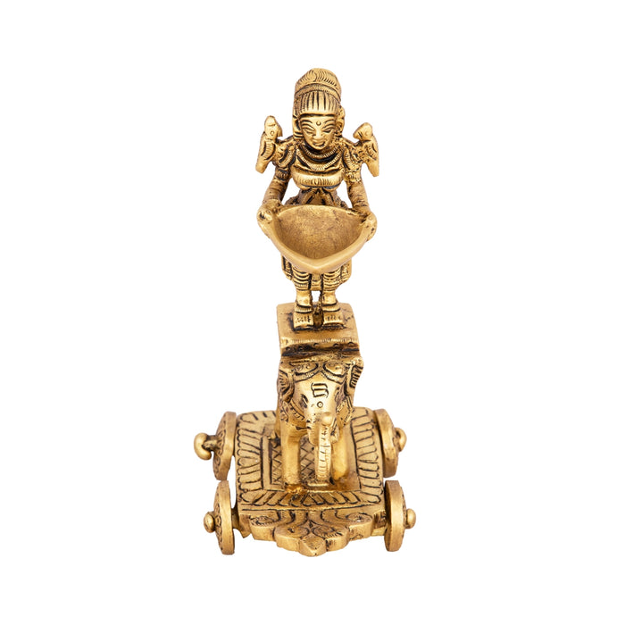 Deep Lady Standing on Elephant Wheel - 6.5 x 4 Inches | Antique Brass Idol/ Vilakku for Pooja/ 795 Gms Approx - Paavai Vilakku / Lady With A Lamp