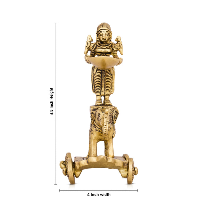 Deep Lady Standing on Elephant Wheel - 6.5 x 4 Inches | Antique Brass Idol/ Vilakku for Pooja/ 795 Gms Approx - Paavai Vilakku / Lady With A Lamp