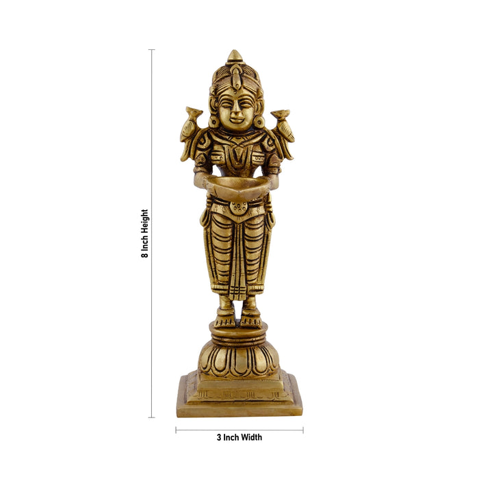 Standing Lady Deepam - 8 x 3 Inches | Antique Brass Vilakku/ Brass Lamp for Pooja/ 1.300 Kgs Approx - Paavai Vilakku / Lady With A Lamp