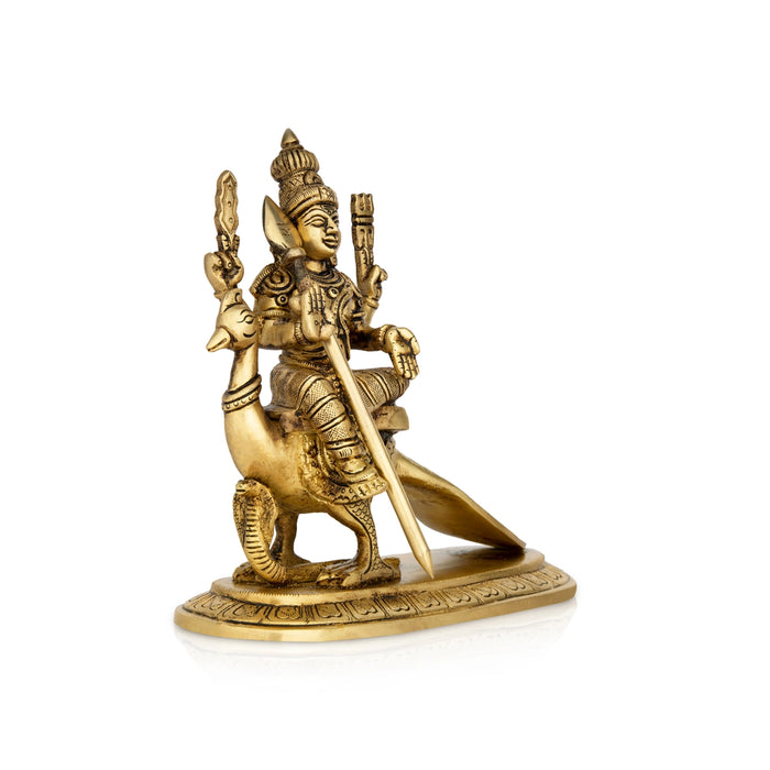 Murugan Statue Sitting On Peacock - 10 x 5 Inches | Brass Idol/ Kartikeya Statue With Base for Pooja - Brass Murties
