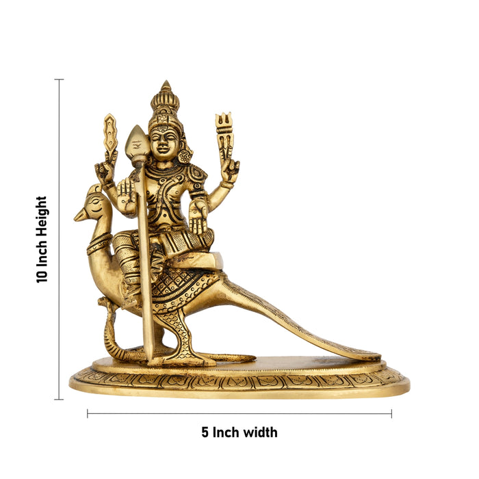 Murugan Statue Sitting On Peacock - 10 x 5 Inches | Brass Idol/ Kartikeya Statue With Base for Pooja - Brass Murties
