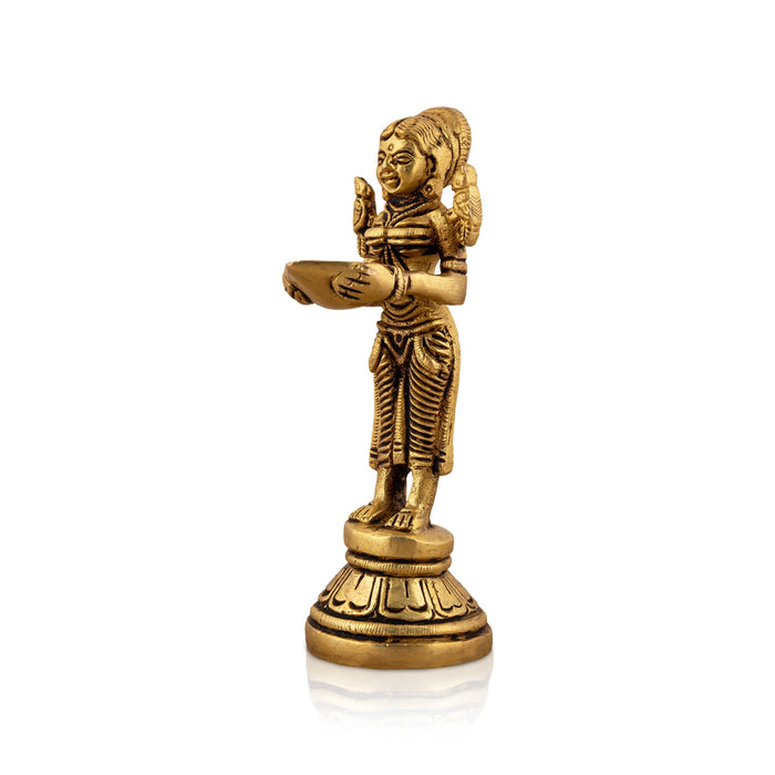Welcome Lady With Lamp - 5 x 1.75 Inches | Antique Brass Lamp/ Standing Lady With Deepam for Pooja/ 410 Gms - Paavai Vilakku / Lady With A Lamp