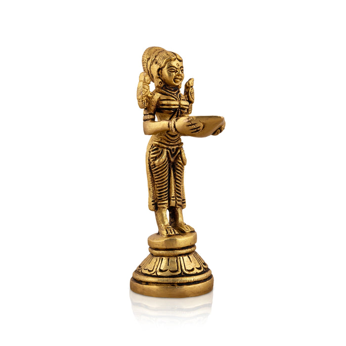 Welcome Lady With Lamp - 5 x 1.75 Inches | Antique Brass Lamp/ Standing Lady With Deepam for Pooja/ 410 Gms - Paavai Vilakku / Lady With A Lamp