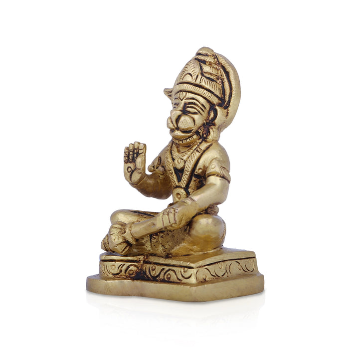 Anjaneya Statue - 3 x 1.75 Inches | Antique Brass Idol/ Sitting Hanuman Statue for Pooja/ 300 Gms Approx - Brass Murties