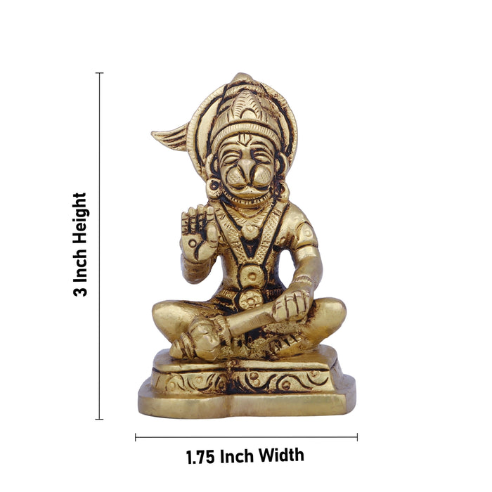 Anjaneya Statue - 3 x 1.75 Inches | Antique Brass Idol/ Sitting Hanuman Statue for Pooja/ 300 Gms Approx - Brass Murties