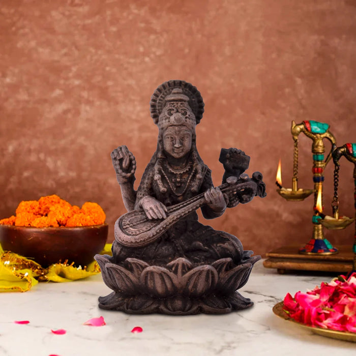 Saraswati Devi Statue - 2 x 1.25 Inches | Saraswati Statue Sitting On Lotus / Copper Idol/ Saraswathi Idol for Pooja/ 70 Gms Approx