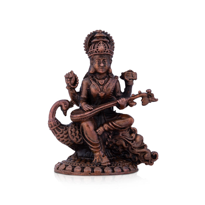 Saraswati Devi Statue - 3 x 2 Inches | Saraswati Statue Sitting On Swan / Copper Idol/ Saraswathi Idol for Pooja/ 115 Gms Approx - Copper Murties