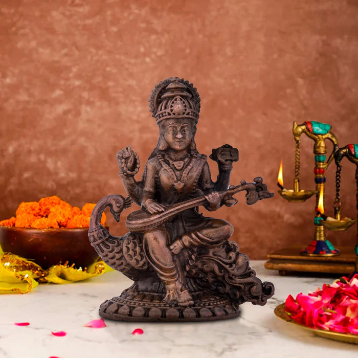 Saraswati Devi Statue - 3 x 2 Inches | Saraswati Statue Sitting On Swan / Copper Idol/ Saraswathi Idol for Pooja/ 115 Gms Approx