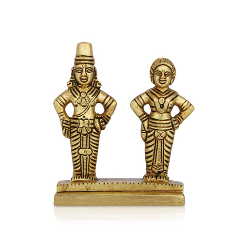 Vitthal Rukmini Murti Standing On Base - 4.25 x 3.5 Inches | Antique Brass Idol/ Vitthal Rakhumai Murti for Pooja - Brass Murties