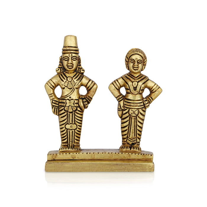 Vitthal Rukmini Murti Standing On Base - 4.25 x 3.5 Inches | Antique Brass Idol/ Vitthal Rakhumai Murti for Pooja - Brass Murties