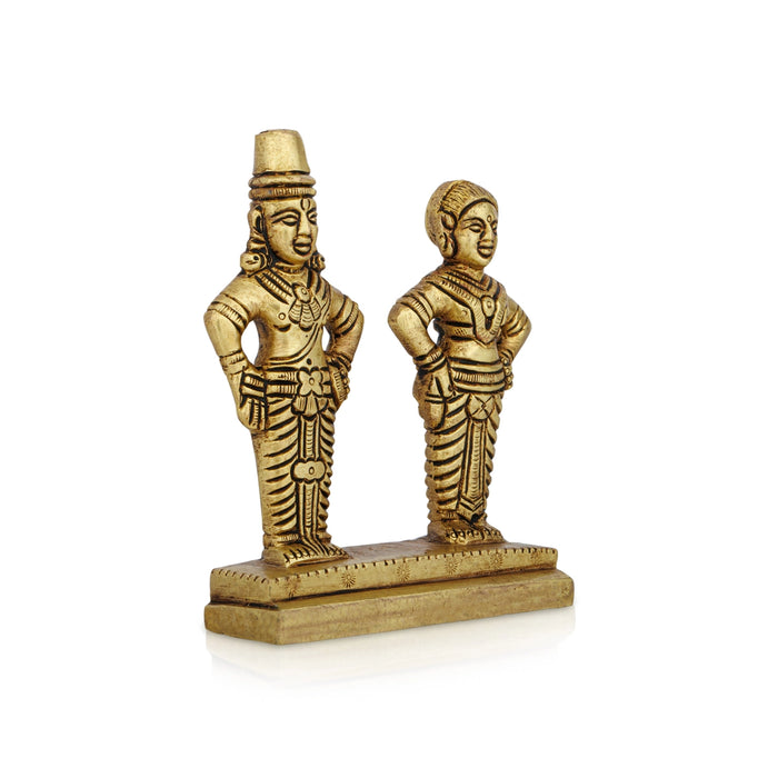 Vitthal Rukmini Murti Standing On Base - 4.25 x 3.5 Inches | Antique Brass Idol/ Vitthal Rakhumai Murti for Pooja - Brass Murties