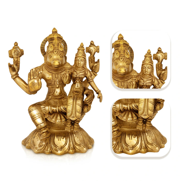 Lakshmi Hayagriva sitting on Base Murti - 9 x 7.5 Inches | Antique Brass Statue/ Lakshmi Hayagrivar Idol for Pooja - Brass Murties