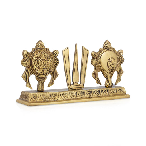 Chakra Tilak Shankh with Base - 4.5 x 8 Inches | Antique Brass Shankh Chakra Namam for Pooja/ 1.055 Gms Approx - Table Stand Accessories