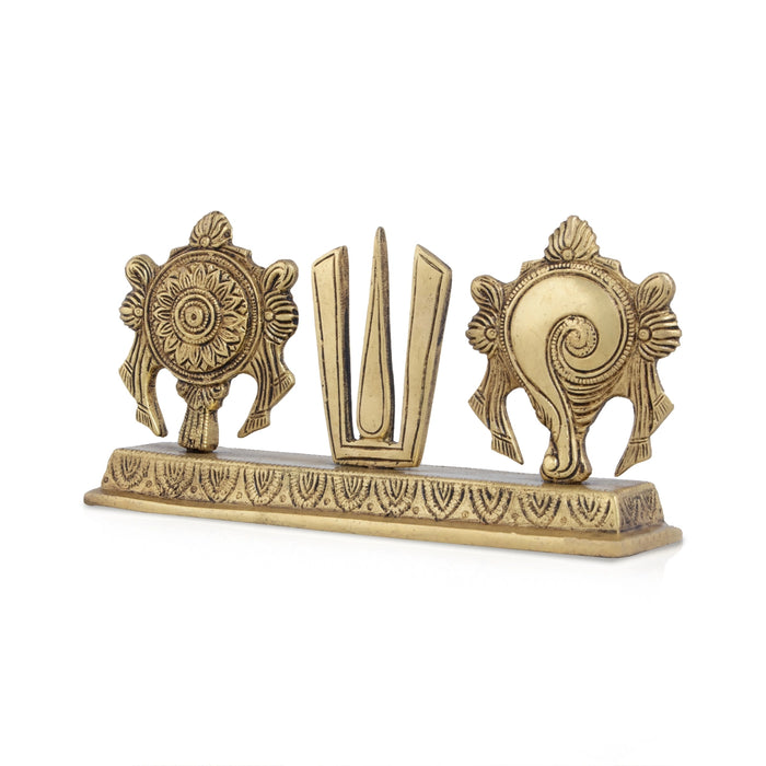 Chakra Tilak Shankh with Base - 4.5 x 8 Inches | Antique Brass Shankh Chakra Namam for Pooja/ 1.055 Gms Approx - Table Stand Accessories