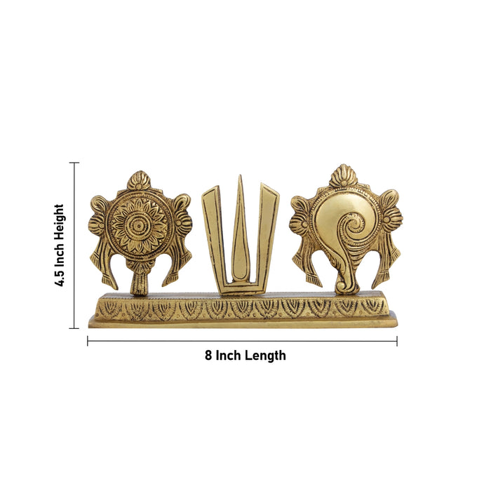 Chakra Tilak Shankh with Base - 4.5 x 8 Inches | Antique Brass Shankh Chakra Namam for Pooja/ 1.055 Gms Approx - Table Stand Accessories