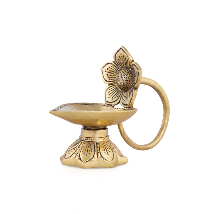 Flower Design Deepam - 5 x 7 Inches | Antique Brass Vilakku/ Decorative Lamp for Pooja/ 715 Gms Approx - Decorative Lamp