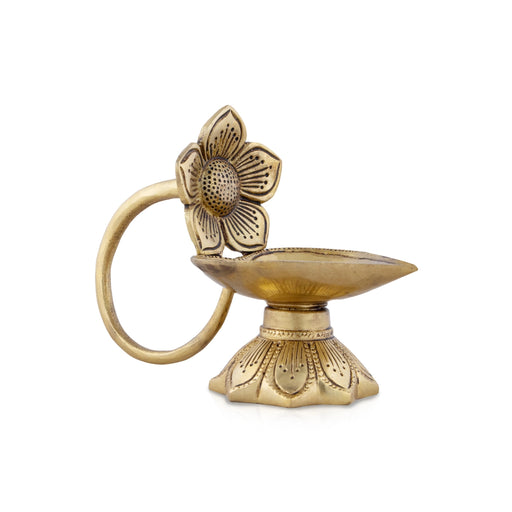 Flower Design Deepam - 5 x 7 Inches | Antique Brass Vilakku/ Decorative Lamp for Pooja/ 715 Gms Approx - Decorative Lamp