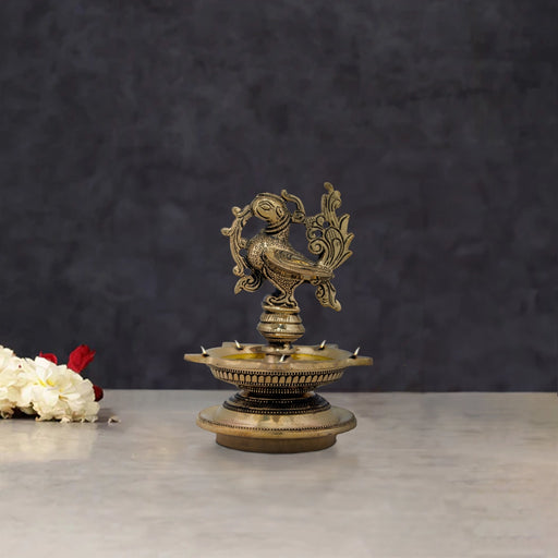 5 Face Deepam - 6 x 4.5 Inches | Antique Brass Lamp/ Annam Design Vilakku for Pooja/ 1.190 Kgs Approx - 5 Faced lamp