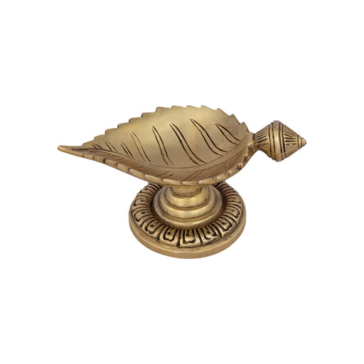 Brass Deepam with Base - 2 x 5 Inches | Leaf Design Antique Brass Lamp/ Vilakku for Pooja/ 440 Gms Approx - Decorative Lamp