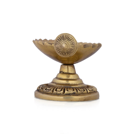 Brass Deepam with Base - 2 x 5 Inches | Leaf Design Antique Brass Lamp/ Vilakku for Pooja/ 440 Gms Approx - Decorative Lamp