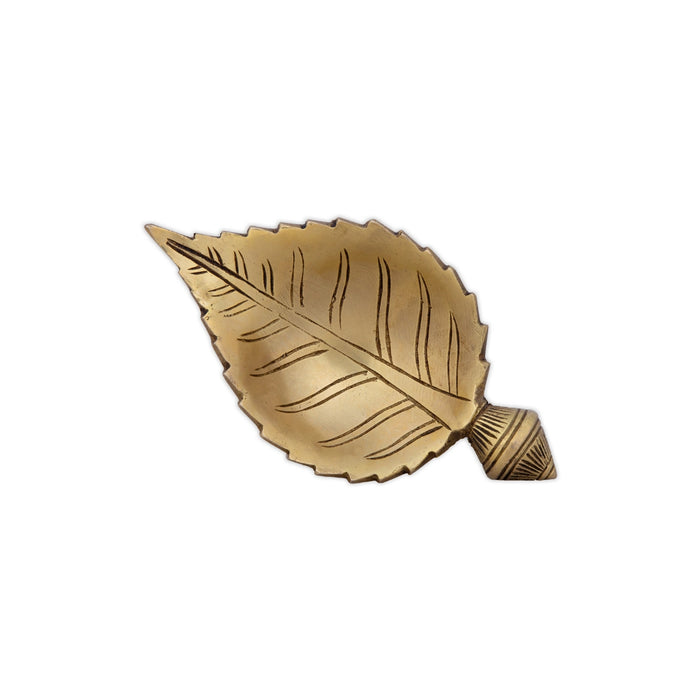 Brass Deepam with Base - 2 x 5 Inches | Leaf Design Antique Brass Lamp/ Vilakku for Pooja/ 440 Gms Approx - Decorative Lamp