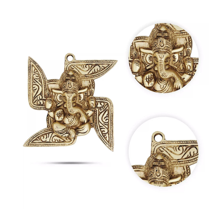 Ganesha Wall Hanging - 7 x 7 Inches | Swastik Antique Brass Wall Hanger for Home/ 1.120 Kgs Approx - Wall Hanging