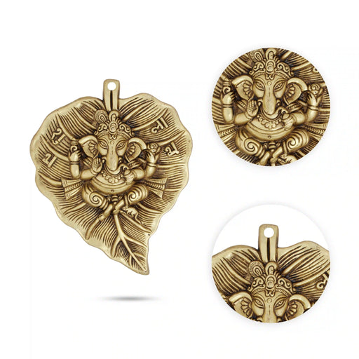 Leaf Ganesh Wall Hanging - 9 x 7 Inches | Antique Brass Wall Hanger for Pooja/ 1.460 Kgs Approx - Wall Hanging