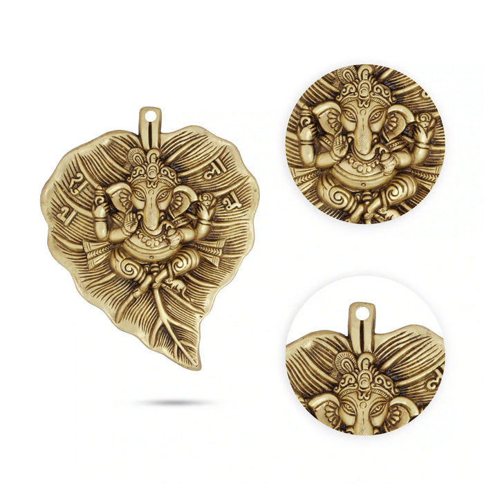 Leaf Ganesh Wall Hanging - 9 x 7 Inches | Antique Brass Wall Hanger for Pooja/ 1.460 Kgs Approx - Wall Hanging