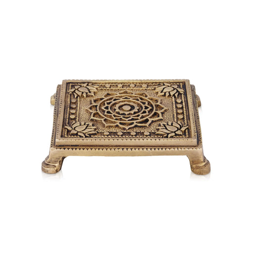 Chowki - 1 x 4.25 Inches | Antique Brass Bajot/ Square Shape Manai for Pooja/ 420 Gms Approx - Pooja Aasan & Bajot & Pooja Mat