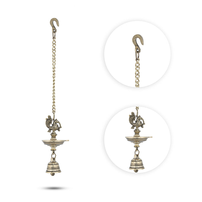 Hanging Lamp with Bell - 7.5 x 3.5 Inches | One Face Antique Brass Annam Design Vilakku with Chain for Pooja+ - Hanging Lamp