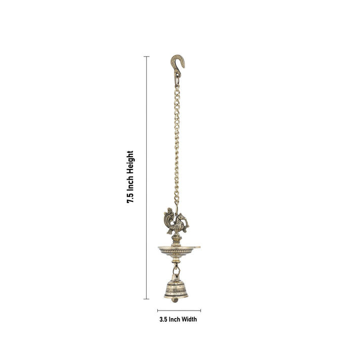 Hanging Lamp with Bell - 7.5 x 3.5 Inches | One Face Antique Brass Annam Design Vilakku with Chain for Pooja+ - Hanging Lamp