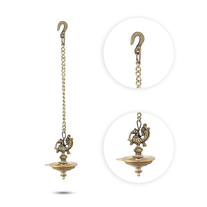 One Face Hanging Lamp with Chain - 5 x 3.5 Inches | Annam Design Hanging Diya/ Antique Brass Hanging Vilakku - Hanging Lamp