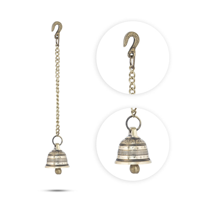 Hanging Bell with Chain - 2 x 2 Inches | Antique Brass Bell for Pooja/ 240 Gms Approx - Pooja Bells