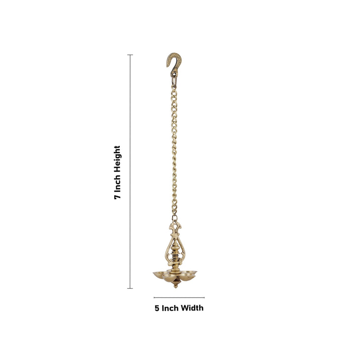 5 Face Hanging Lamp with Chain - 7 x 5 Inches | Antique Brass Hanging Diya/ Hanging Vilakku for Pooja/ 880 Gms - Hanging Lamp