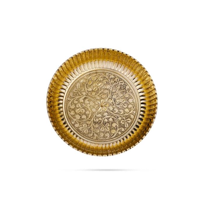 Brass Plate With Base - 2.5 x 6 Inches | Engraved Flower Design Thali Plate/ Pooja Plate for Home - Pooja Plate & Tray