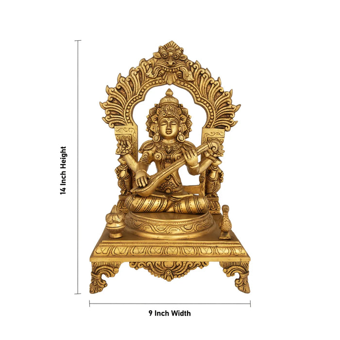 Saraswati sitting on chowki Murti - 14 x 9 inches | Vagdevi with arch Statue/ saraswathy idol for pooja - Brass Murties