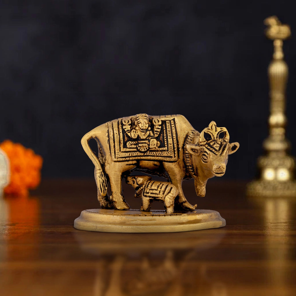 Cow and Calf Statue - 2.5 x 3 Inches | Antique Brass Statue/ Kamadhenu Statue for Pooja/ 520 Gms Approx