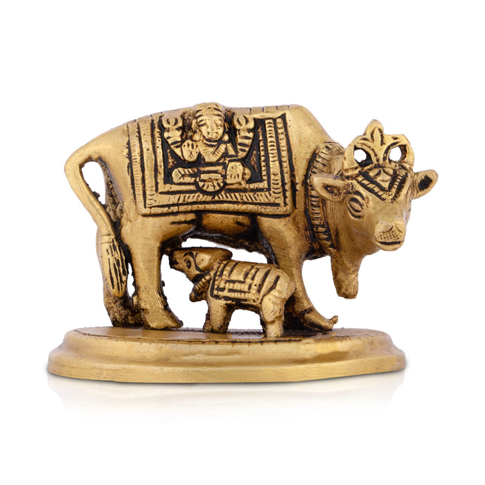 Cow and Calf Statue - 2.5 x 3 Inches | Antique Brass Statue/ Kamadhenu Statue for Pooja/ 520 Gms Approx