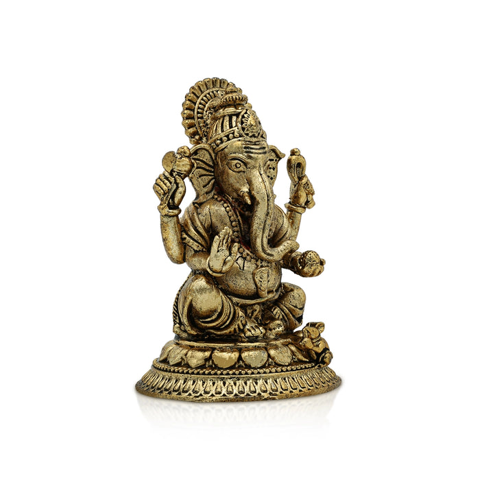 Ganesh Murti Sitting On Base - 3 x 2 Inches | Brass Idol/ Antique Polish Ganpati Murti/ Vinayaka Idol for Pooja - Brass Murties