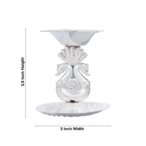 5 Face Deepam With Plate - 3.5 x 3 Inches | Peacock Design Lamp/ White Metal Vilakku for Pooja/ 45 Gms Approx - 5 Faced lamp