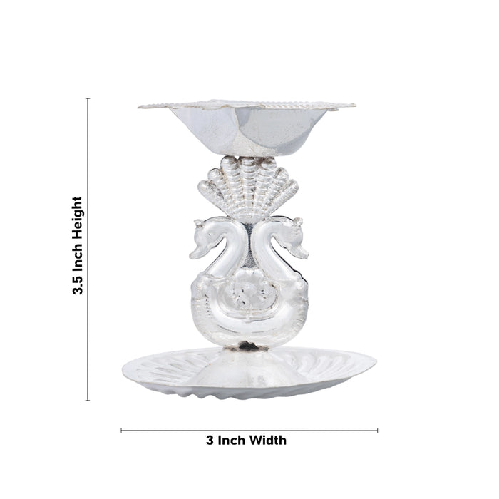 5 Face Deepam With Plate - 3.5 x 3 Inches | Peacock Design Lamp/ White Metal Vilakku for Pooja/ 45 Gms Approx - 5 Faced lamp