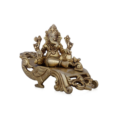 Ganesh Murti Sitting Peacock Sinhasan - 4.5 x 7 Inches | Antique Brass Idol/ Ganapati Idol for Pooja/ 1.280 Kgs
