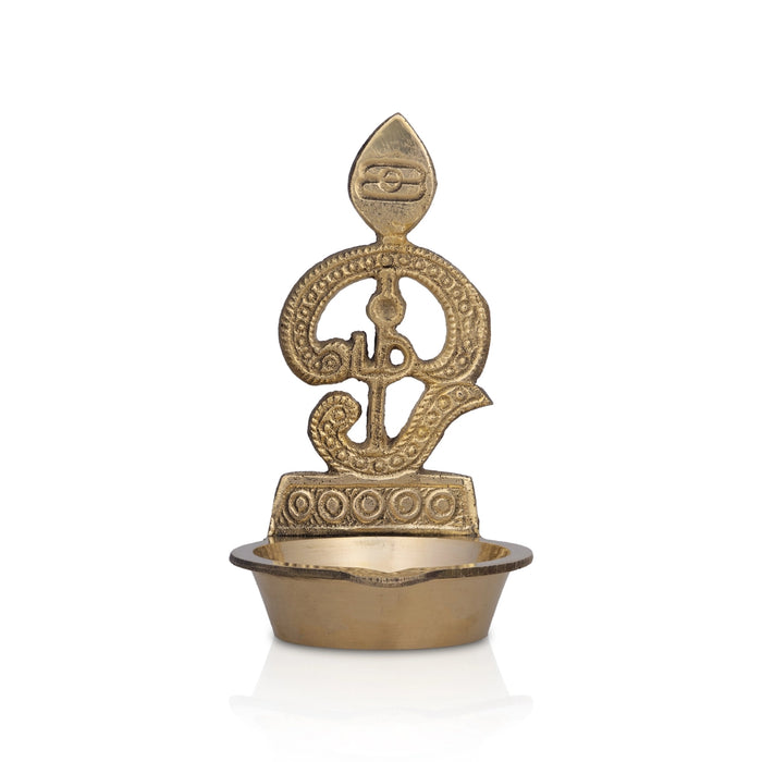 Murugan Vel With Om Lamp - 4 x 2.5 Inches | Antique Brass Diya / Brass Vilakku for Pooja