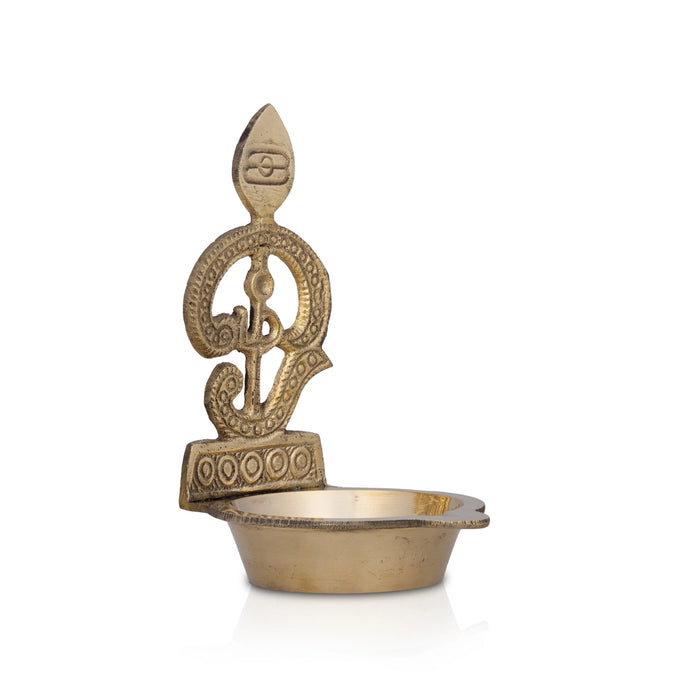 Murugan Vel With Om Lamp - 4 x 2.5 Inches | Antique Brass Diya / Brass Vilakku for Pooja