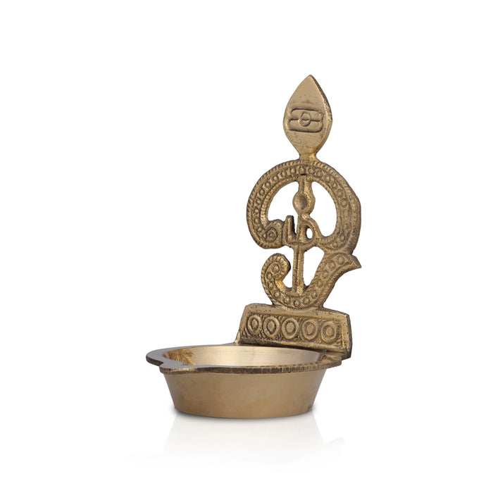 Murugan Vel With Om Lamp - 4 x 2.5 Inches | Antique Brass Diya / Brass Vilakku for Pooja