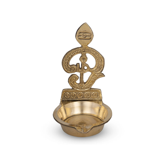 Murugan Vel With Om Lamp - 4 x 2.5 Inches | Antique Brass Diya / Brass Vilakku for Pooja
