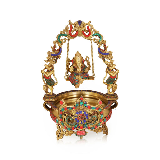 Ganesha on Jhula Uruli with Leg - 23 x 13 Inches | Antique Brass Colour Urli / Flower Pot for Home & Pooja - Uruli & Flower Pot